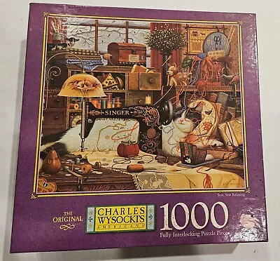 Charles Wysocki Jigsaw Puzzle SEW SEW RELAXING 1000 Pc Puzzle 1998 Singer Cat • $27