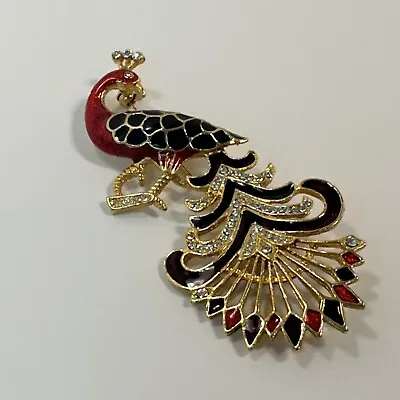 Vintage Womens Colorful Peacock Brooch Bling 3 Inch Red Blue Bird • $16.99