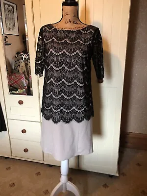 JAX Ladies Beige Black Lace Layered Short Sleeve Midi Shift Dress Size 12 • £7.50