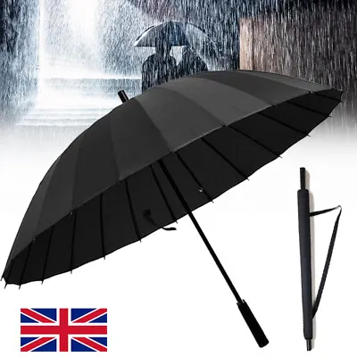 24 Ribs Umbrella Classic Large Umbrellas Strong Windproof Stormproof Black Q • £7.99