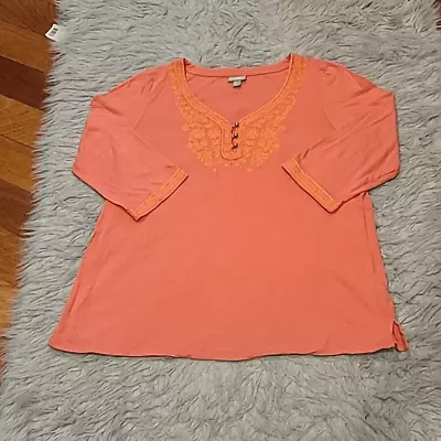 J Jill Womens Coral Soft Long Sleeve Embroidered Shirt With Button Detail • $25