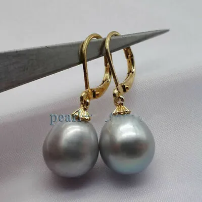 Natural AAA+ 10-12mm Gray South Sea Pearl 14K Gold Earrings • £29.99