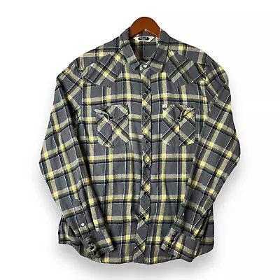 Salt Valley Western Shirt Men's Large Plaid Pearl Snap Gray Yellow Cowboy Rodeo • $23.99