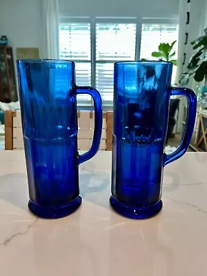 2 Vintage Cobalt Blue Glass Mug Beer Stein Cup Tall 16oz 8 1/4  Tall • $24.99