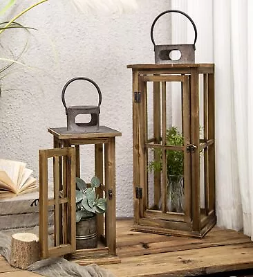 Large Farmhouse Wooden Metal Lantern Set Of 2 Rustic Decorative Floor Candle... • $124.43