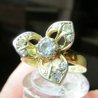 VINTAGE 14K YELLOW GOLD MINE CUT DIAMOND FLOWER RING 10 DIAMONDS Size 4.75 • $400