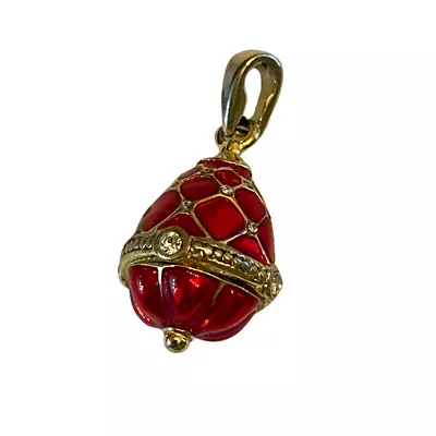 Vintage Costume Jewelry Gold Tone Enamel Faberge Egg Charm Pendant Red • $5