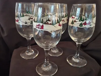 Set Of 4 Vintage Libbey Winter Village 12 Oz. Wine Glasses Goblets Christmas 7 ½ • $19.99