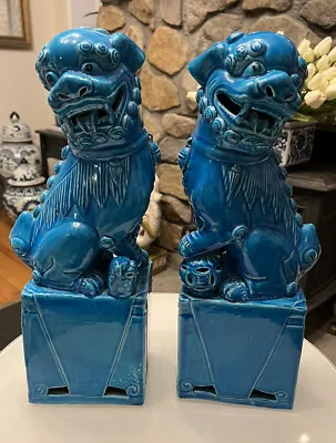 Vintage Pair Of Signed Chinese Porcelain Turquoise Foo Dog Figurines Hong Kong • $556