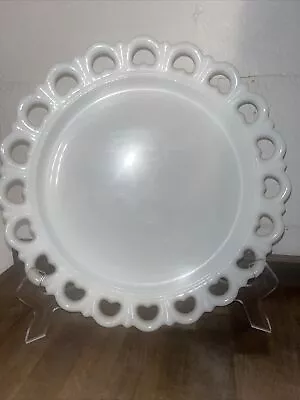 Vtg Lg Heart Lace Scalloped Edge AH Milk Glass Cake Torte Platter Plate Tray 13  • $28