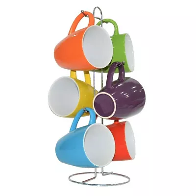 Multi Color 6 Pc. Ceramic Coffee Mug Set With A Metal Stand 15 Oz. • $17.58