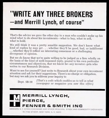1966 Merrill Lynch Investments Write Any Three Brokers Theme Vintage Print Ad • $37