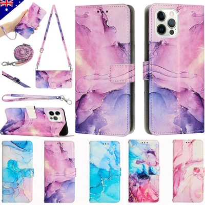 $13.59 • Buy Marble Leather Wallet Case Cover Strap For IPhone 14 13 12 11 Pro Max 6 7 8 SE