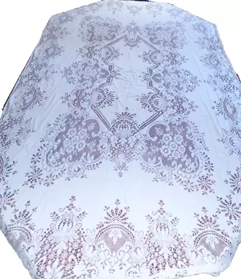 Quaker Lace Vintage Floral Off White Lace Tablecloth 90  Long X 54  • $39.99