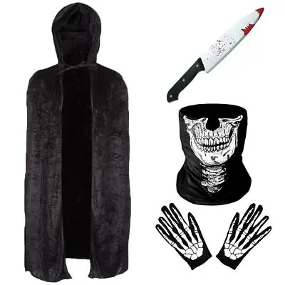 Adults Halloween Costume Skeleton Mens Grim Reaper Skull Fancy Dress Knife Cape • £10.49