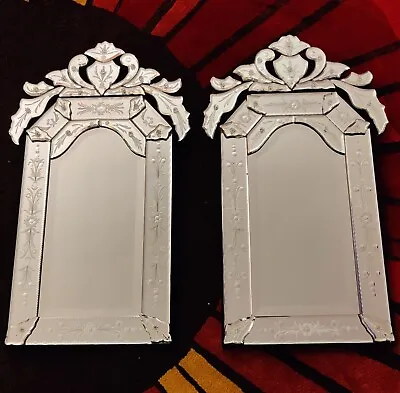 Vintage Venetian Accent Wall Mirrors (pair) Hand Cut Beveled & Etched Glass  • $799