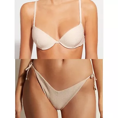 Calzedonia Bikini Beige Padded Push-up Top (L) Brazilian Swimsuit Bottom (S) • £28.93