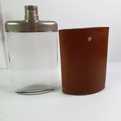 Vintage Glass Hip Flask Made In West Germany Cow Hide Leather Cover Brown • $35