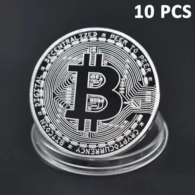 10pcs Metal Silver Plated Bitcoin Coin Souvenir Art Collection Coins BTC Case • $18.98