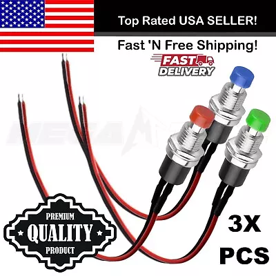 3X Red/Blue/Green SPST Mini Push Button Pre-Wired N/O Momentary Switch OFF-(ON) • $6.95