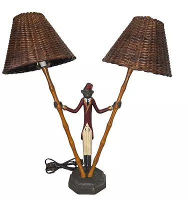 Monkey Bellhop Bamboo Double Table Lamp W/ 2 Wicker Shades - 25.5  H Excellent! • $259.95
