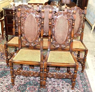 Set Of 5 French Antique Louis XIV Walnut Caine Seat Dining Chairs • $2000