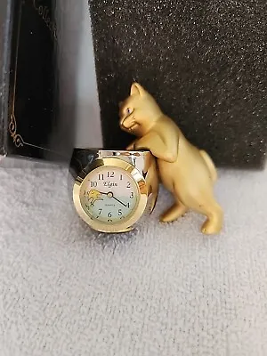 Vintage Elgin Miniature Desk Clock Cat Looking Into A Fish Bowl NIB • $29.99