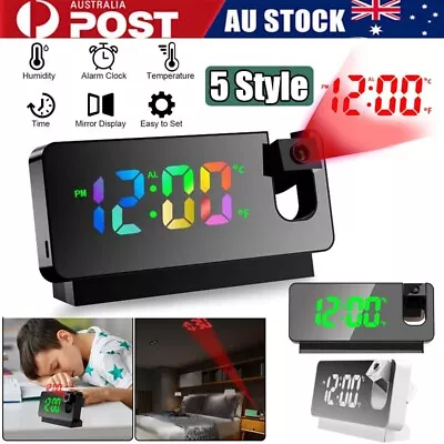 LED Mirror Projection Alarm Clock Thermometer Digital Snooze Rotated Display USB • $22.80