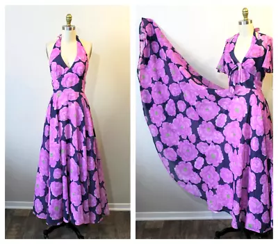 VTG 70's Floral Voile Halter Dress Full Sweep Skirt And Matching Jacket • $79.99