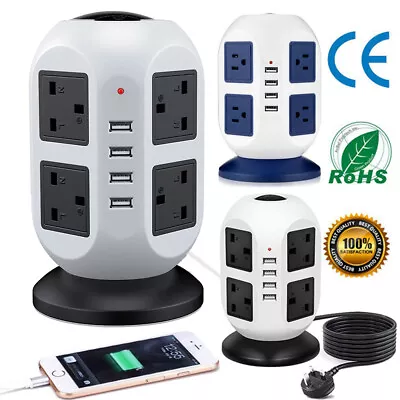 Extension 8 Way Tower Power Lead + 4 USB Multi Socket Surge Protected Socket UK • £6.98