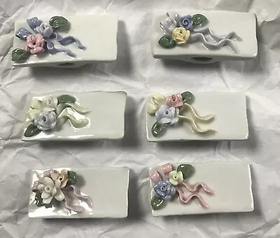 6 German Floral Porcelain Place Card Name Holders Pastel 3D Flowers Vintage • $11.96