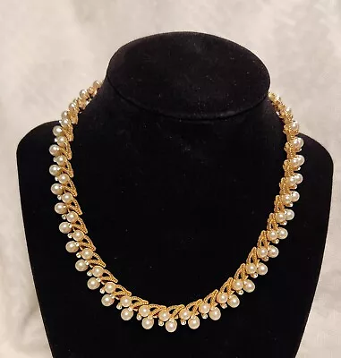 Vintage Trifari Necklace Faux Pearls Gold Tone With Rhinestones • $83