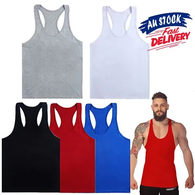 Mens Singlet Back Gym Vest Cotton Top Tank Racer Bodybuilding Y Man T Men • $11.45