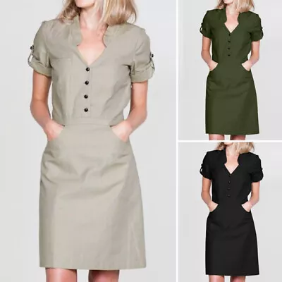 UK Women Summer Short Sleeve V Neck Cargo Dress Casual Loose Mini Dresses 8-24 • £15.99