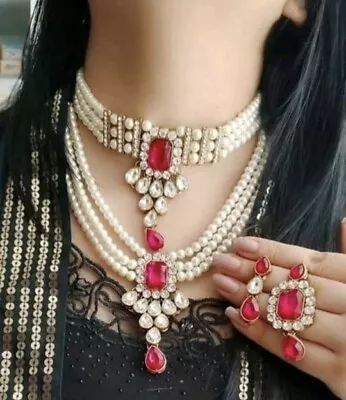 $11.39 • Buy Indian Pearl Gold Necklace Bridal Bollywood Wedding 2 Pc Jewelry Earring Set