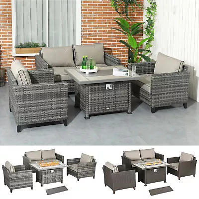 5 Pieces Rattan Garden Furniture Set With Gas Fire Pit Table Cushion • £639.99