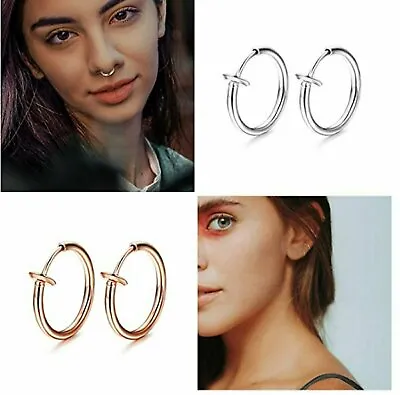 1-Pair Men Women Stainless Steel Clip On Non-Piercing Fake Spring Hoop Earrings • $4.48