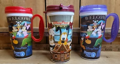 3 Walt Disney Parks Travel Mug Rapid Fill Mugs Mickey & Minnie Mouse Pluto Goofy • $21.24