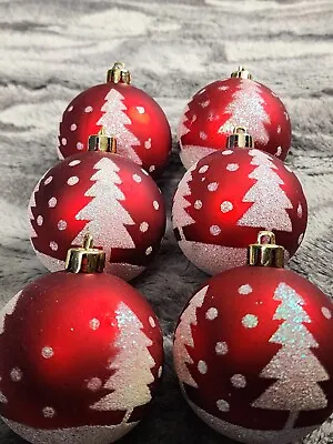 Christmas Ornaments Baubles Red & White Glitter Pine Trees Shatterproof Set Of 6 • $15.29