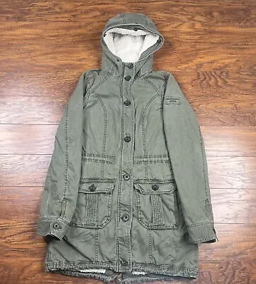 Abercrombie & Fitch Womens Long Sherpa Lined Jacket Parka Green Coat Size Small • $34.95