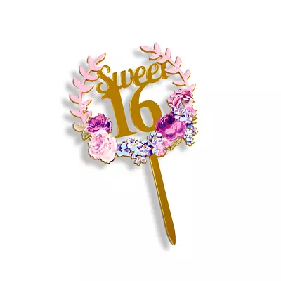 Acrylic Cake Topper Happy Birthday Sweet 16 Floral Design Gold Decoration Party • £2.99