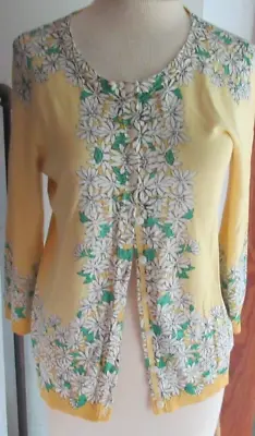 $25 • Buy Talbots Button Front Cardigan -  3/4 Sleeve Yellow Floral Large P Runs Small