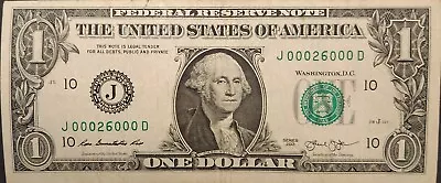 $1 One Dollar Bill Fancy Serial Number 6 OF A KIND 0's Error  00026000 Adds To 8 • $120.11