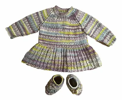 Hand Knitted Baby Girl’s Dress And Booties- 0-6 Months • £8