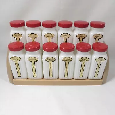 Vintage Griffiths Spice Set 12 Jars Milk Glass With Red Lids + Wood Rack • $95