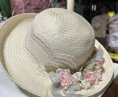 Cappelli Straw World Miami Florida Ivory Hat Pastel Florals Wide Brim Cottage • $29.95