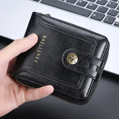 Black Mens Leather Zipper Bifold Wallet With Coin Pocket Front Pocket Purse • $8.99