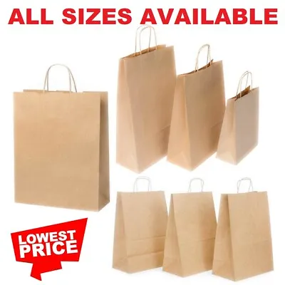 £0.99 • Buy Brown Paper Bags With Handles Large Small 100 50 10 Party Gift Sweet Carrier Sos