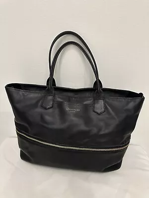 Longchamp 2.0 Black Leather Zip Gusset Expandable Tote  Carryall Handbag • $89.99