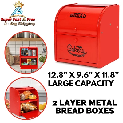 $88.96 • Buy Metal Bread Boxes Kitchen Tin Storage Farmhouse Countertop Pie Bin 2 Layers NEW